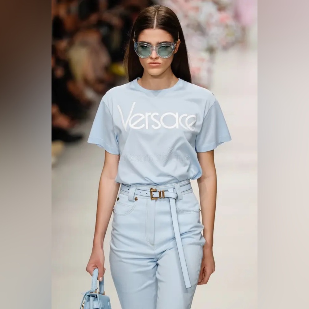 VERSACE NWT 90’s Tribute Runway Blue Logo Tee Shirt Medium Collectible Designer